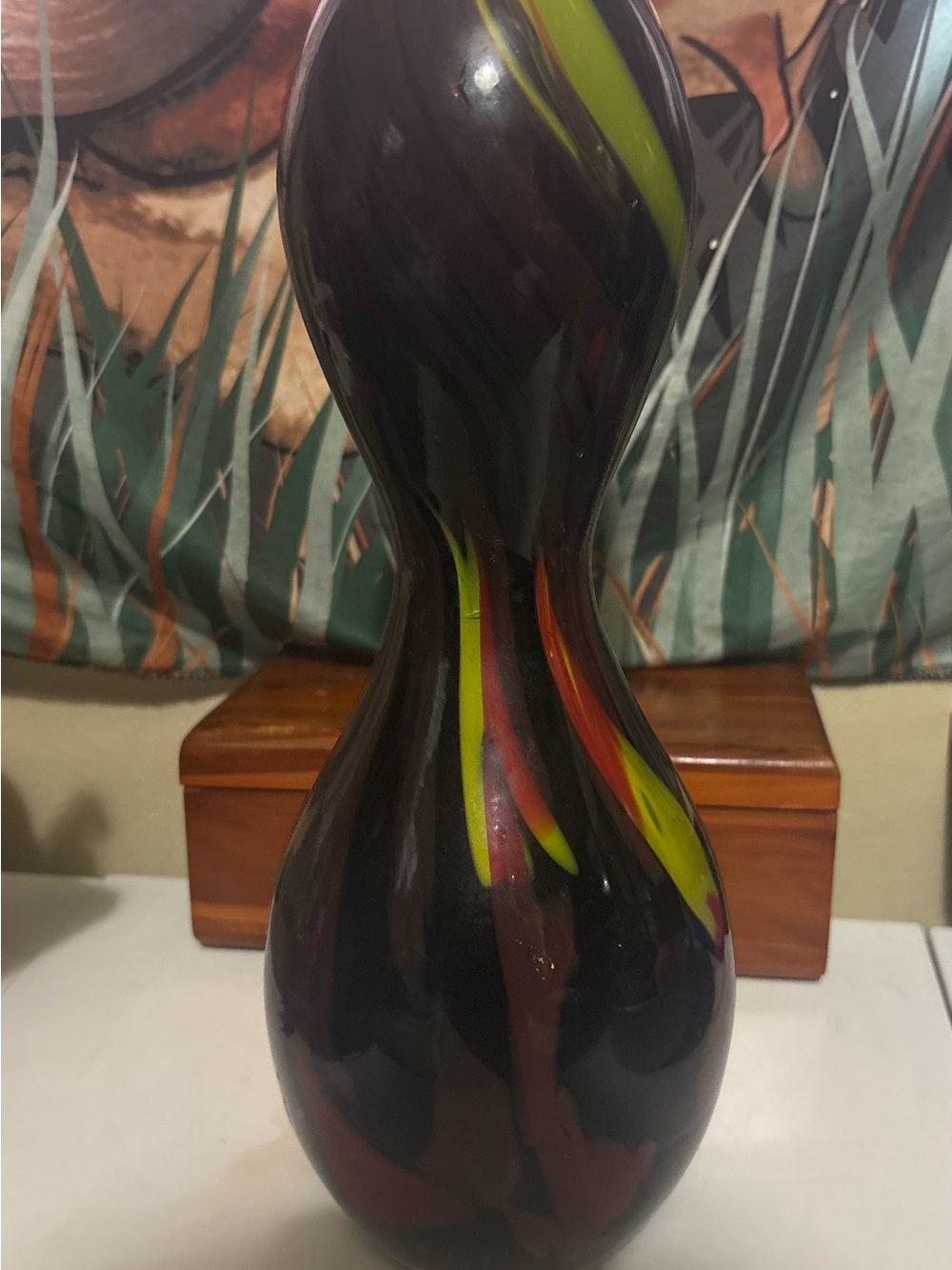 Handblown Dark Glass Art Vase with Neon Accents